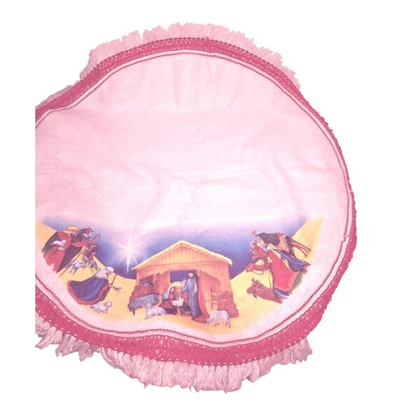 Vintage  Mcm Round Nativity Scene Blanket Tree Skirt Fringe Red Border - Picture 1 of 9